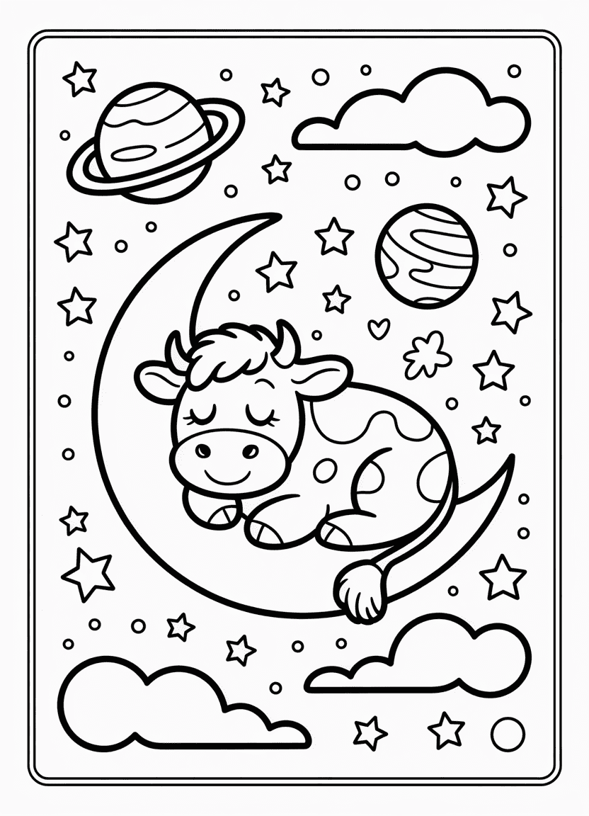 Cow resting on a crescent moon surrounded by stars