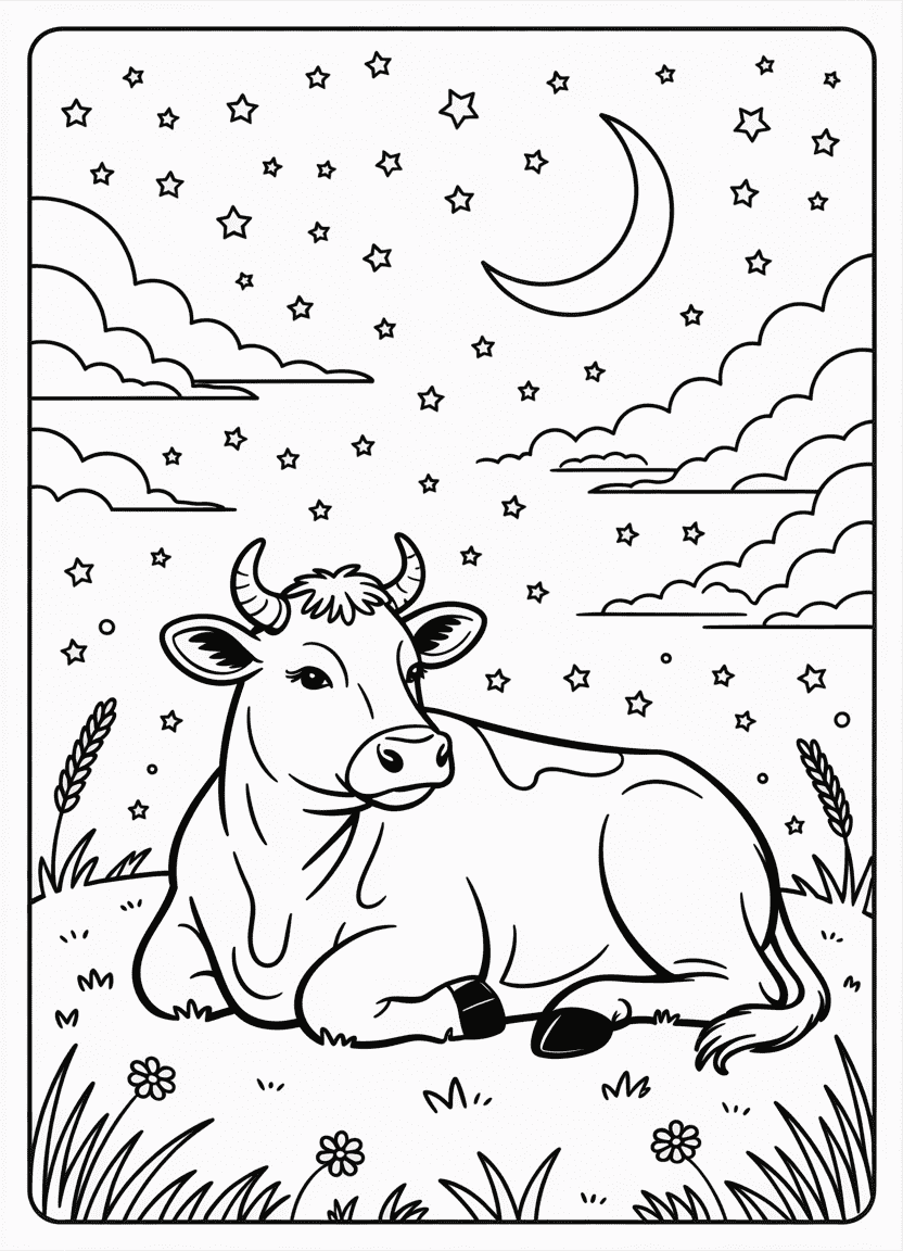 Cow resting under a star-filled night sky