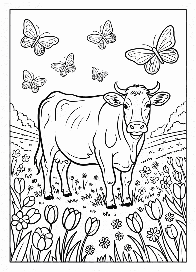 Cow standing in a flower-filled spring field