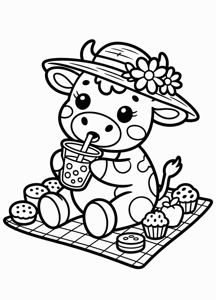 Cow with bubble tea and summer picnic scene