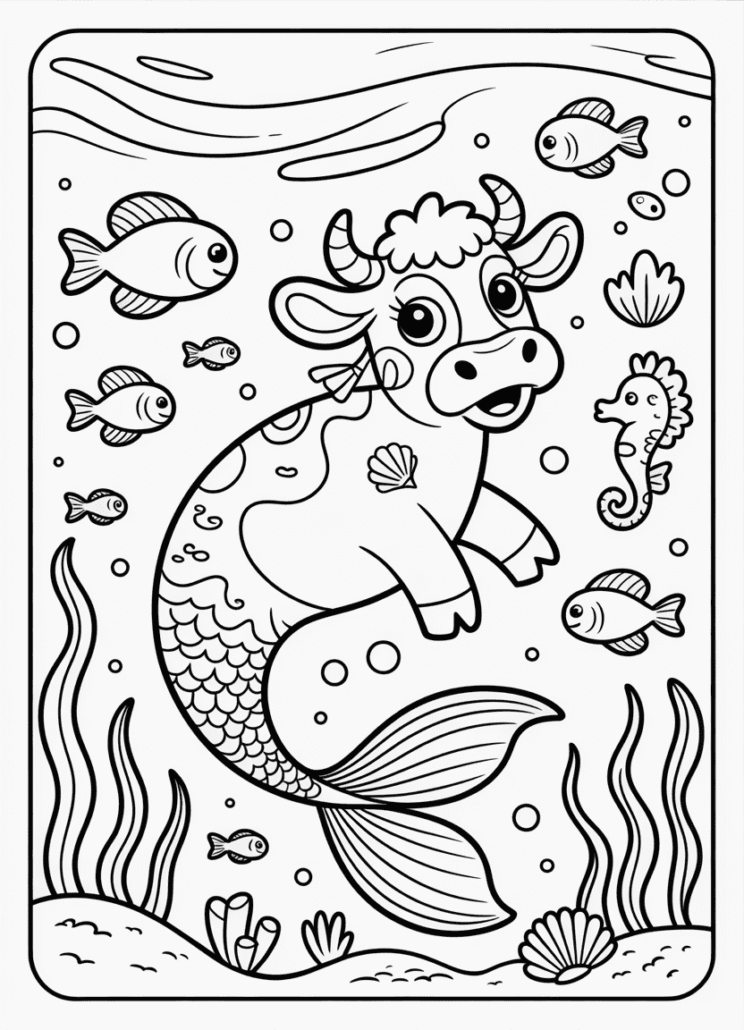 Cow with mermaid tail swimming underwater