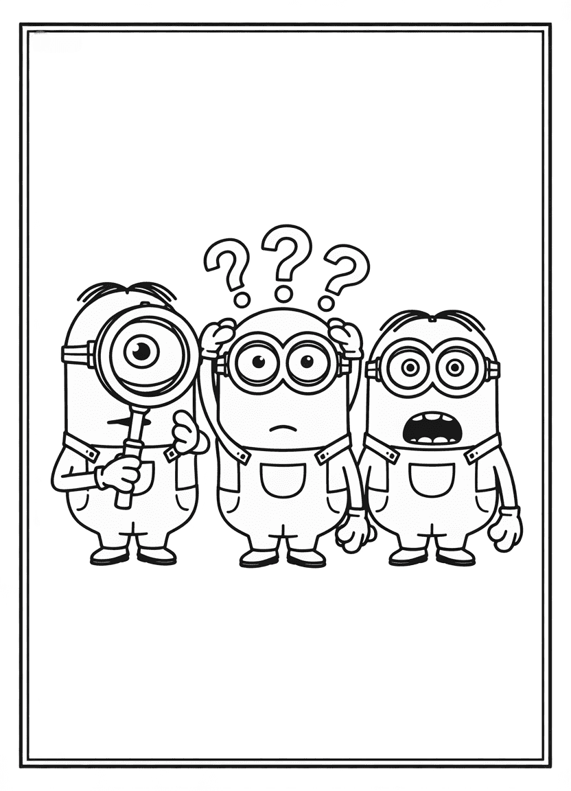 Curious, confused, and shocked Minion expressions in cartoon-style line art