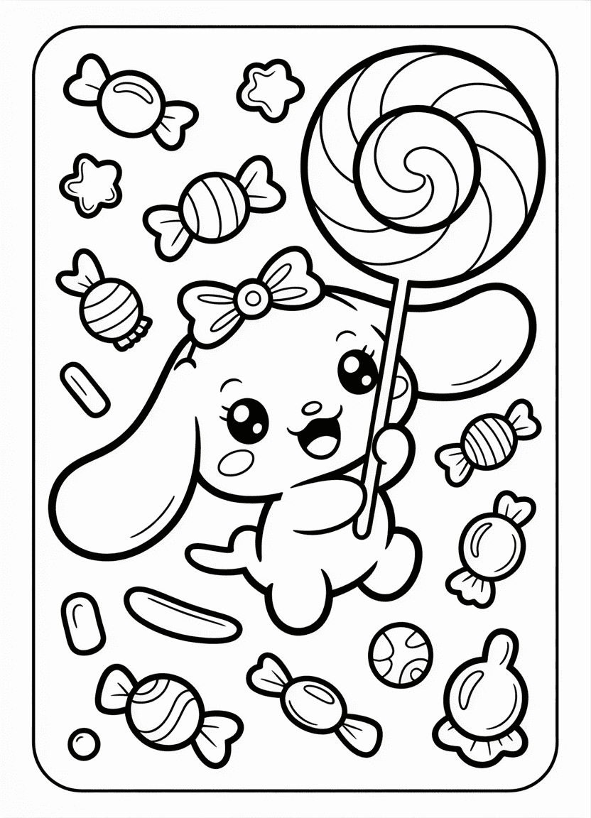 Cute Cinnamoroll holding a giant lollipop with candy details