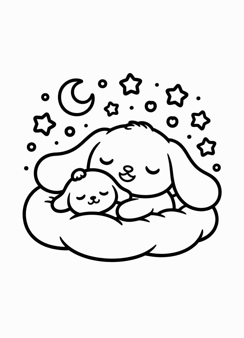 Cute Cinnamoroll sleeping on a fluffy cloud with stars and a plushie.