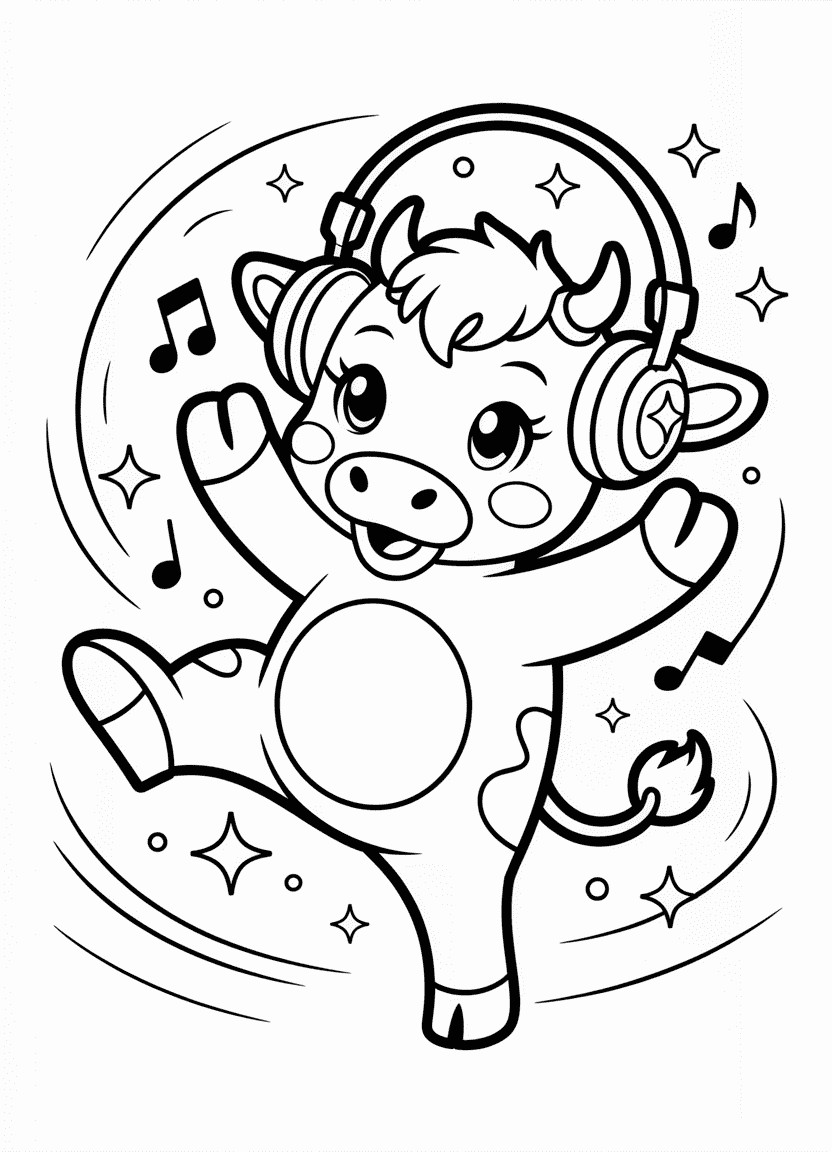 Dancing cow with headphones and musical notes