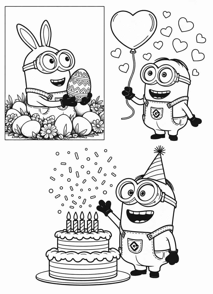 Easter, Valentine, and Birthday-themed Minions in festive settings