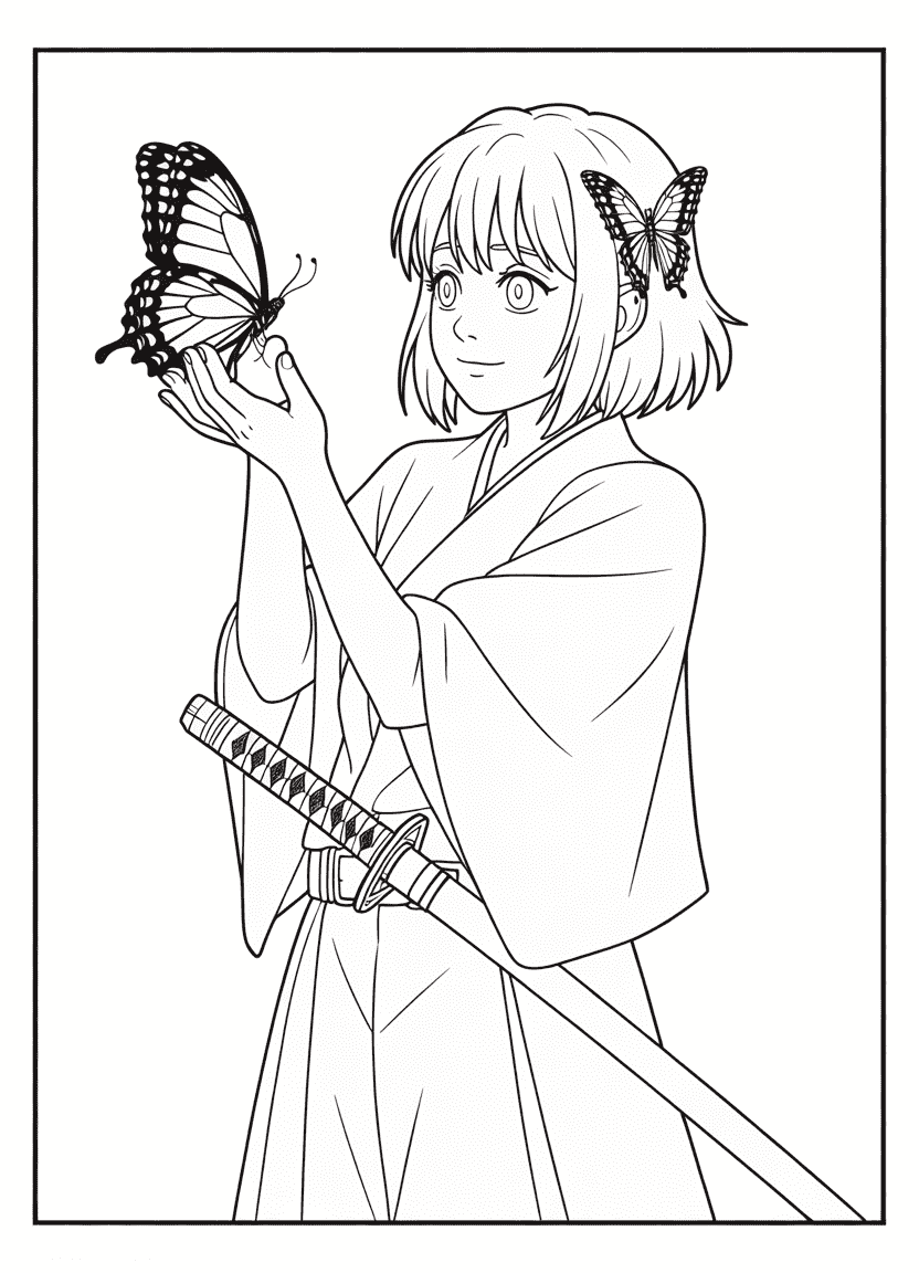 Easy Kanao Tsuyuri coloring page with giant butterfly for young kids