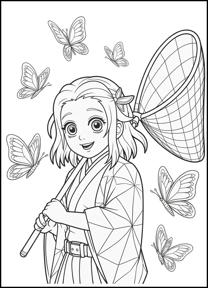 Easy Shinobu Kocho coloring page with butterfly net and soft lines
