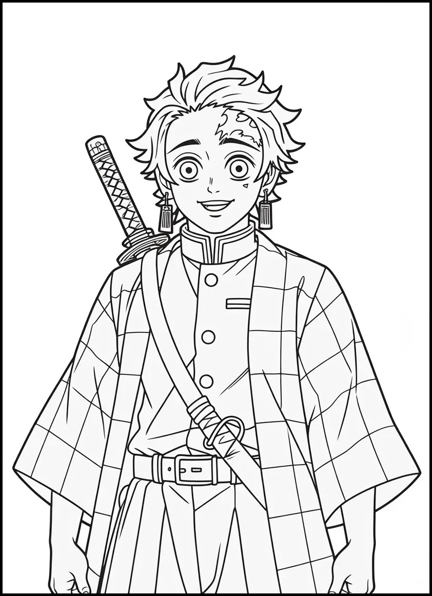Easy Tanjiro Kamado coloring page for kids with large outlines and friendly expression