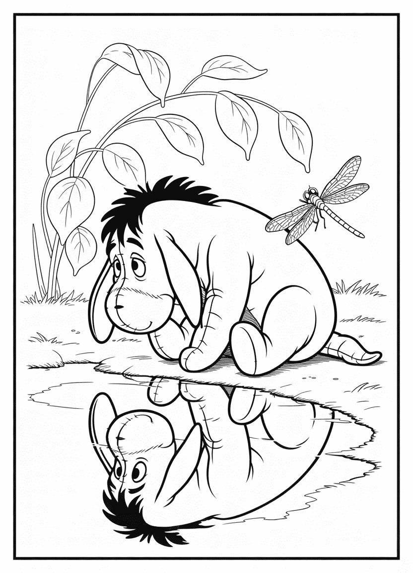 Eeyore looking at his reflection in a pond with fallen leaves around