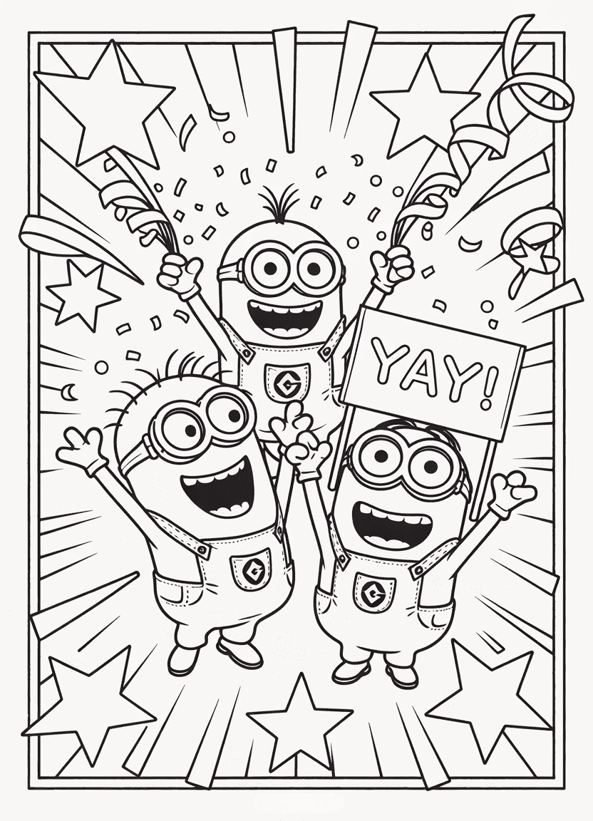 Excited Minions throwing confetti and celebrating with signs and streamers