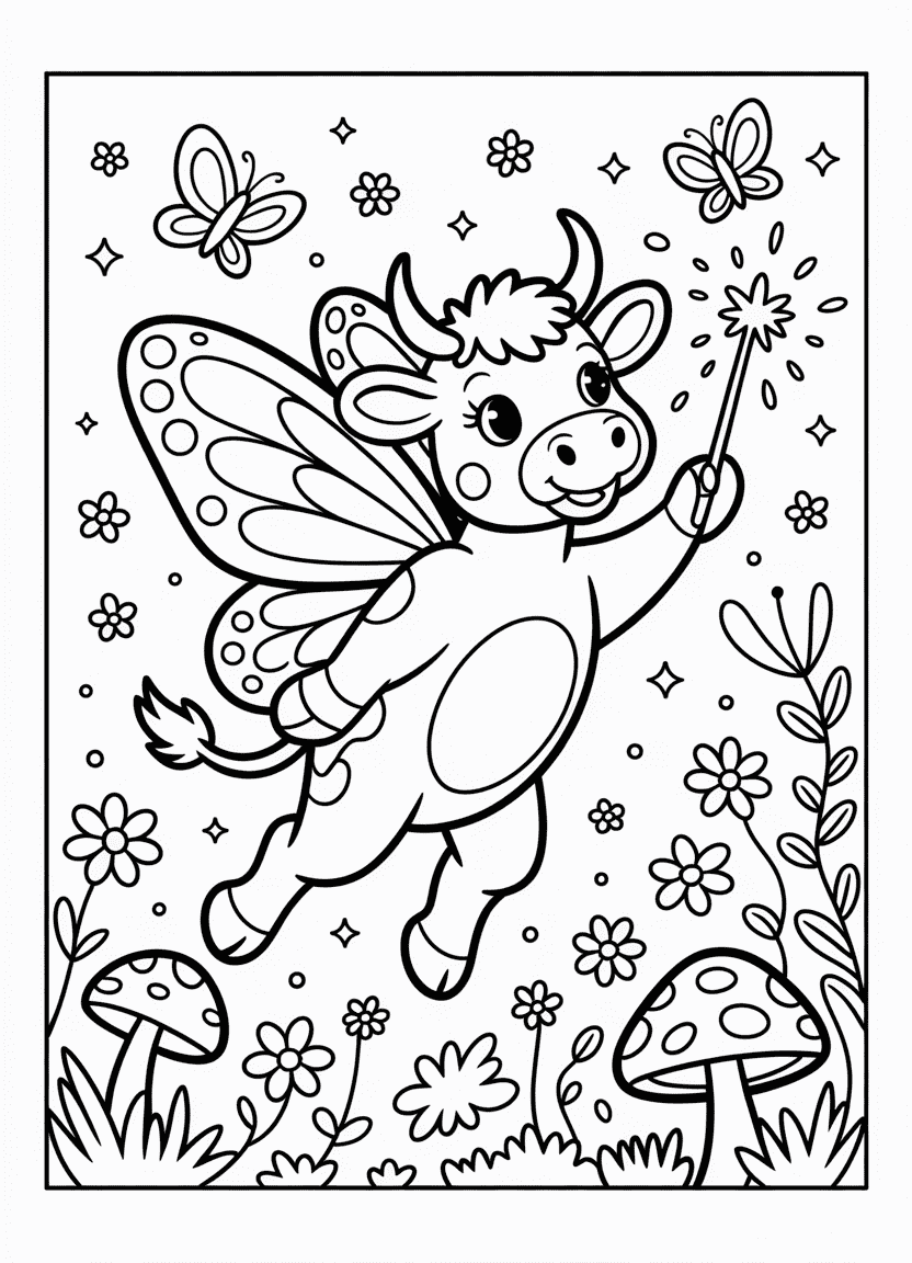 Fairy cow flying over a magical meadow