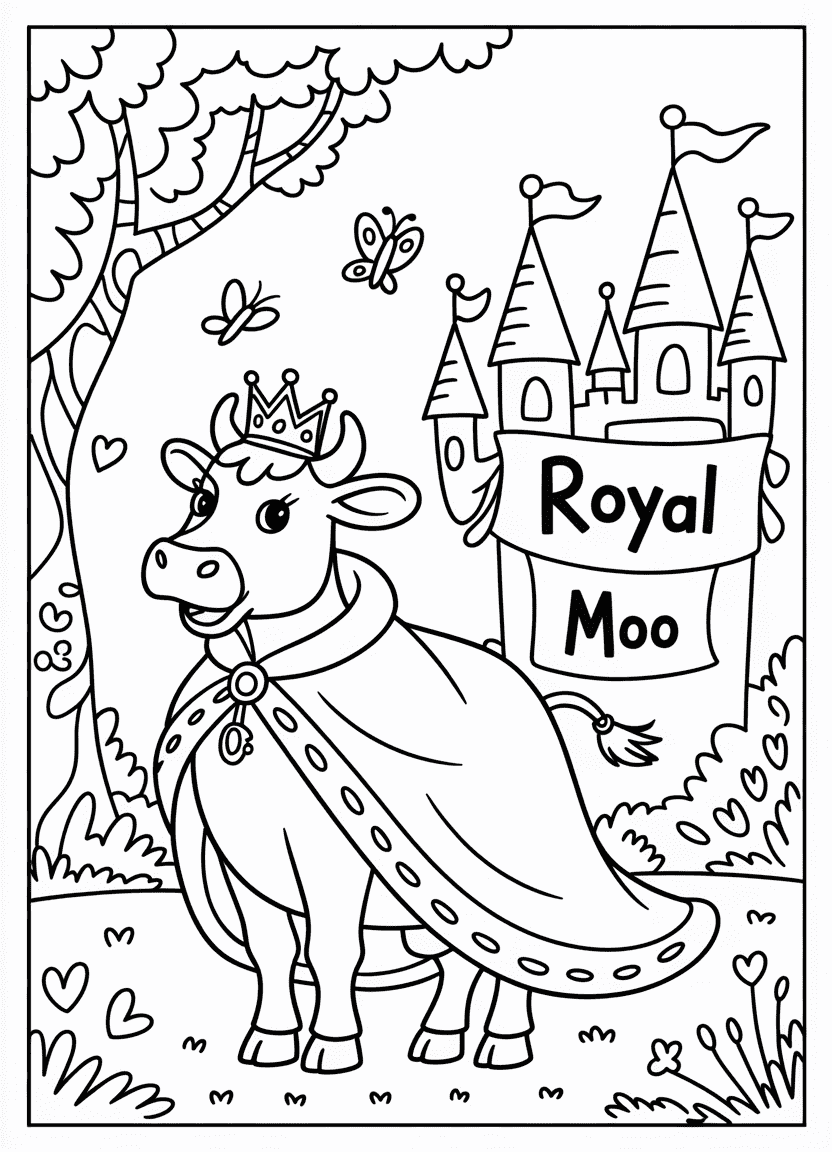 Fairy tale cow near a castle wearing a crown