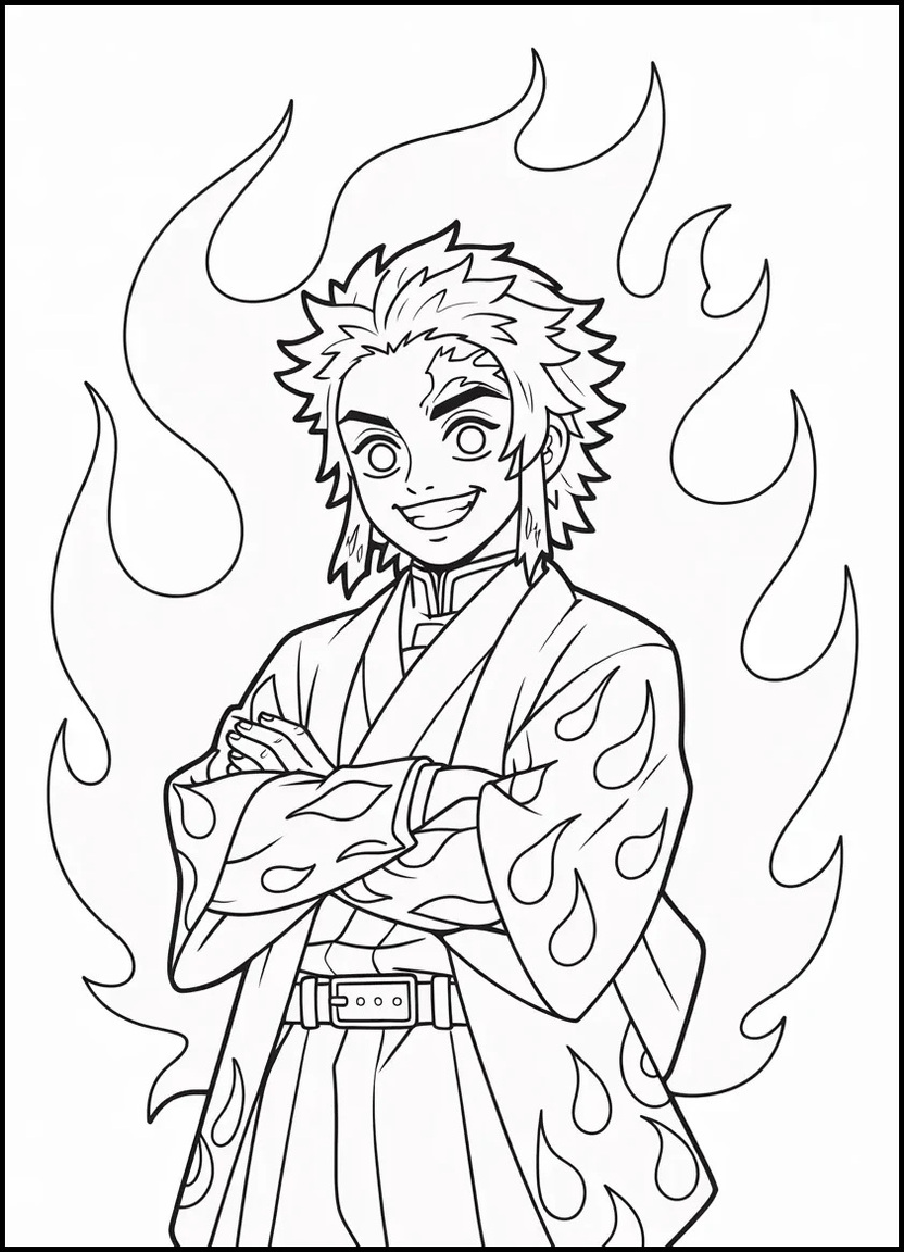 Flame Hashira Rengoku in a simple smiling pose for kids' coloring page