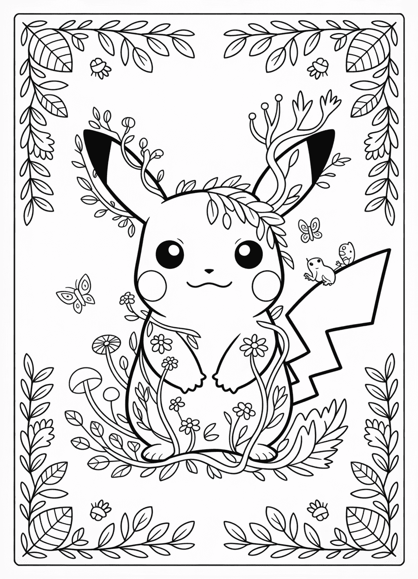 Forest guardian Pikachu surrounded by woodland flora and fauna