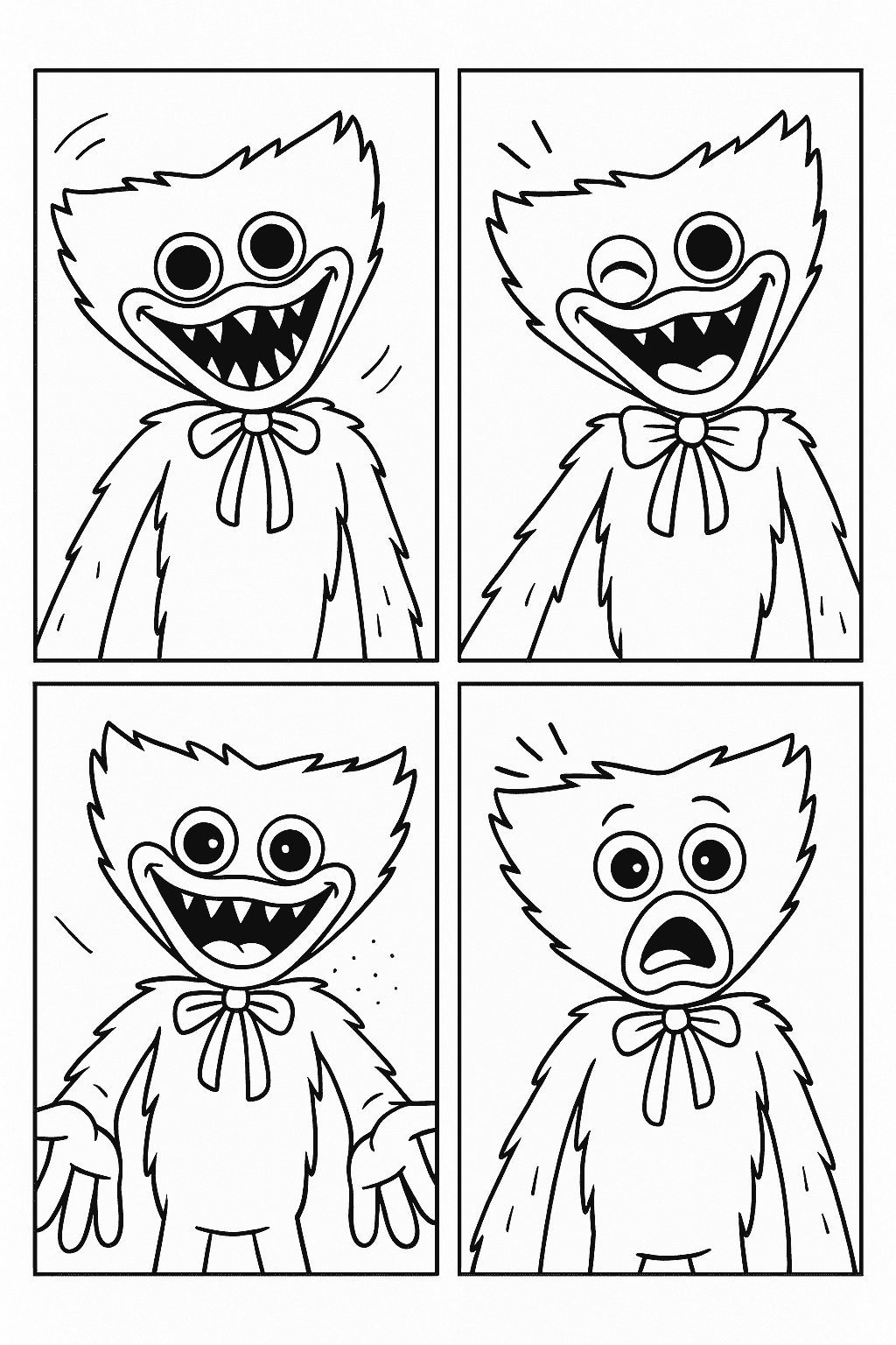 Four facial expressions of Huggy Wuggy for coloring