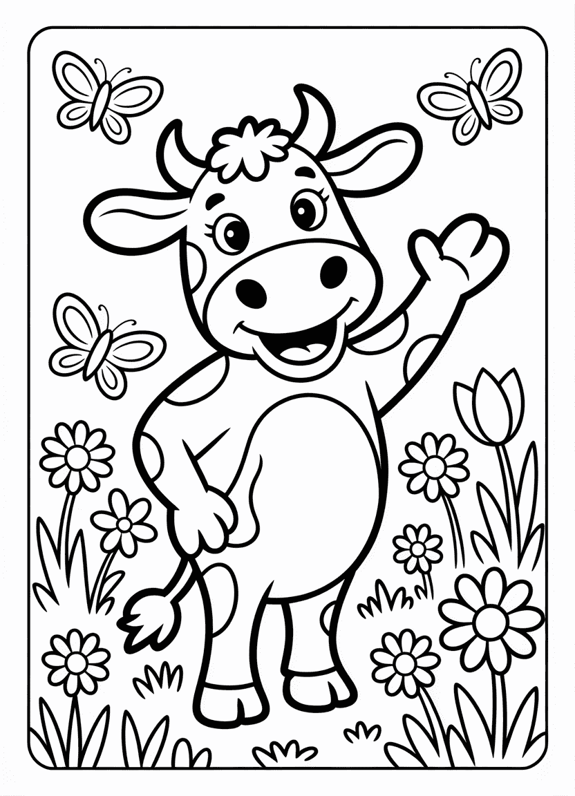 Friendly cartoon cow waving among flowers
