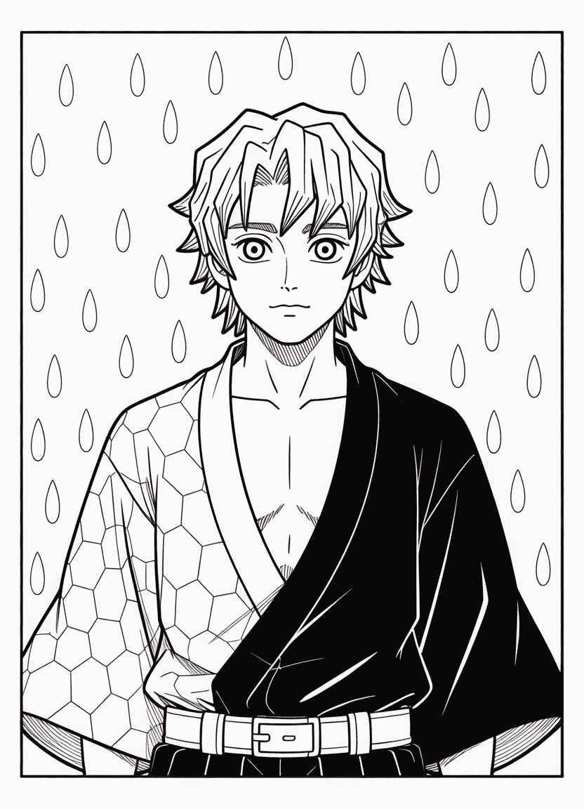 Giyu Tomioka coloring page for kids with simple rain background and soft lines