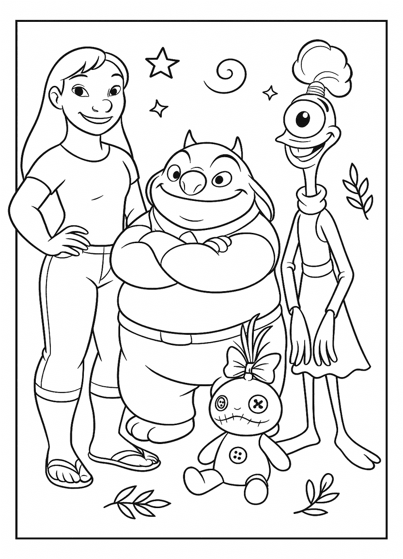 Group coloring page of Nani, Jumba, Pleakley, and Scrump