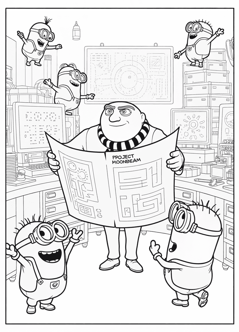 Gru with Minions working on an invention in his lab
