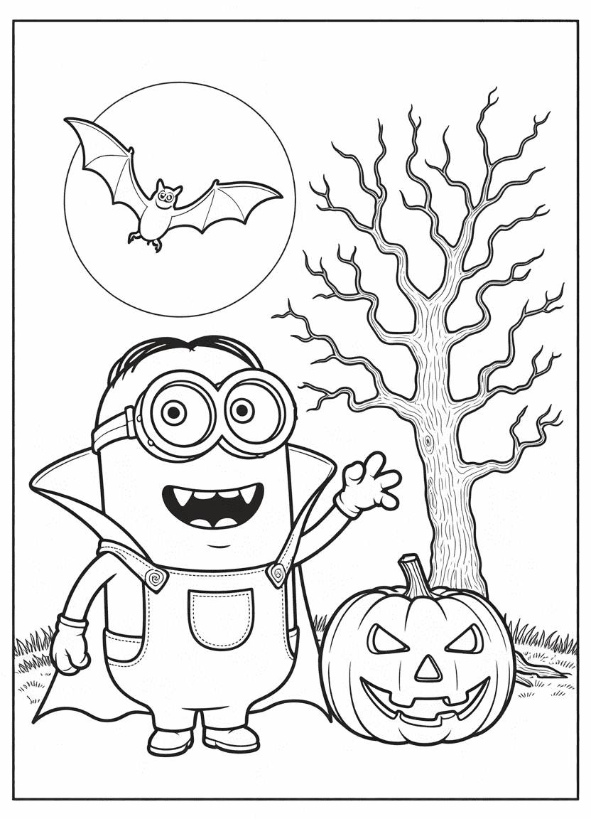 Halloween Minion dressed as a vampire next to pumpkin and spooky background