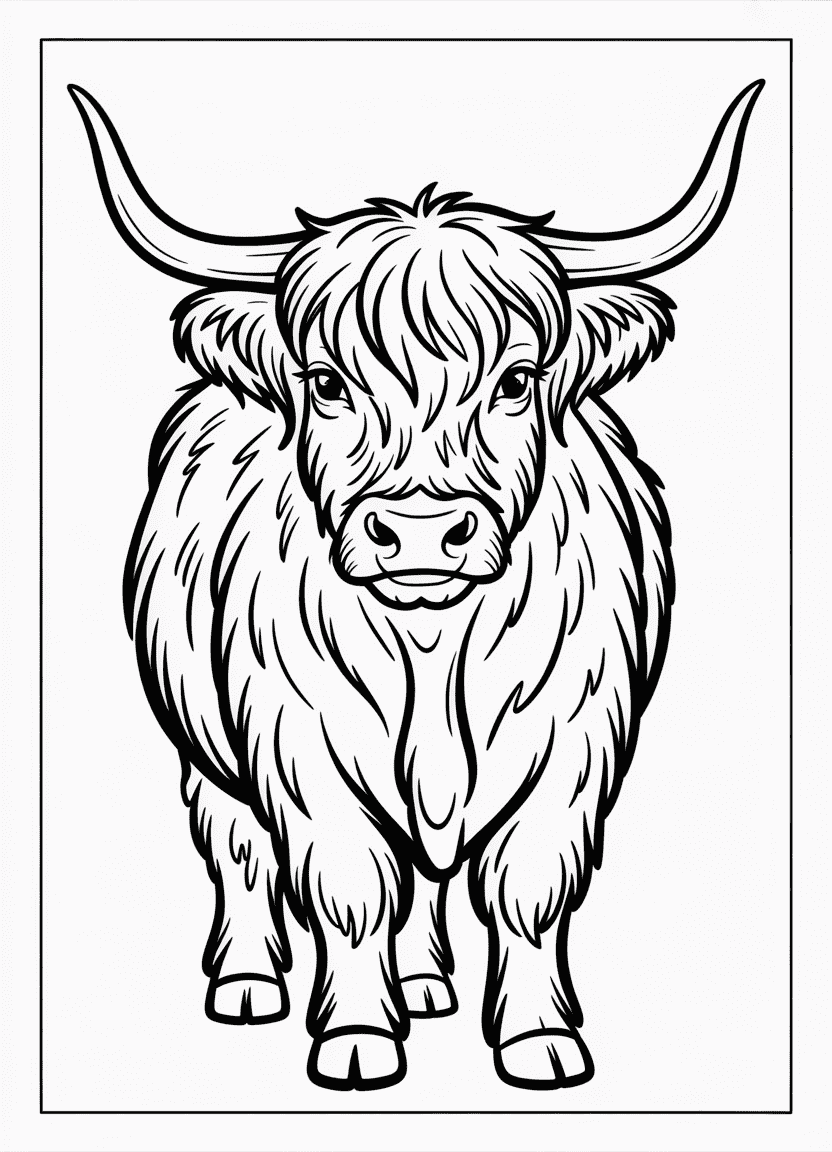 Highland cow with long fur and curved horns