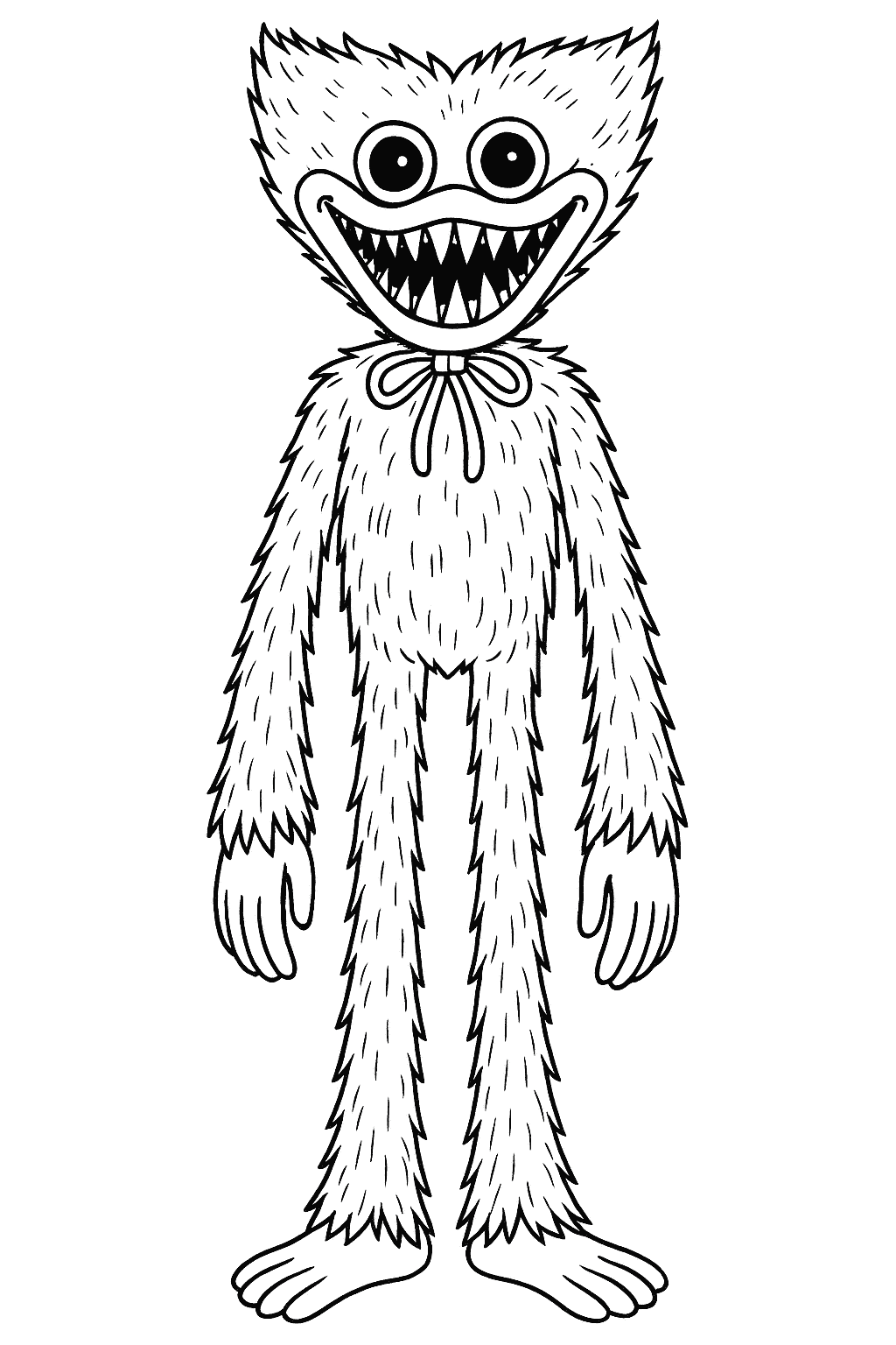 Black-and-white coloring page of Huggy Wuggy standing and smiling