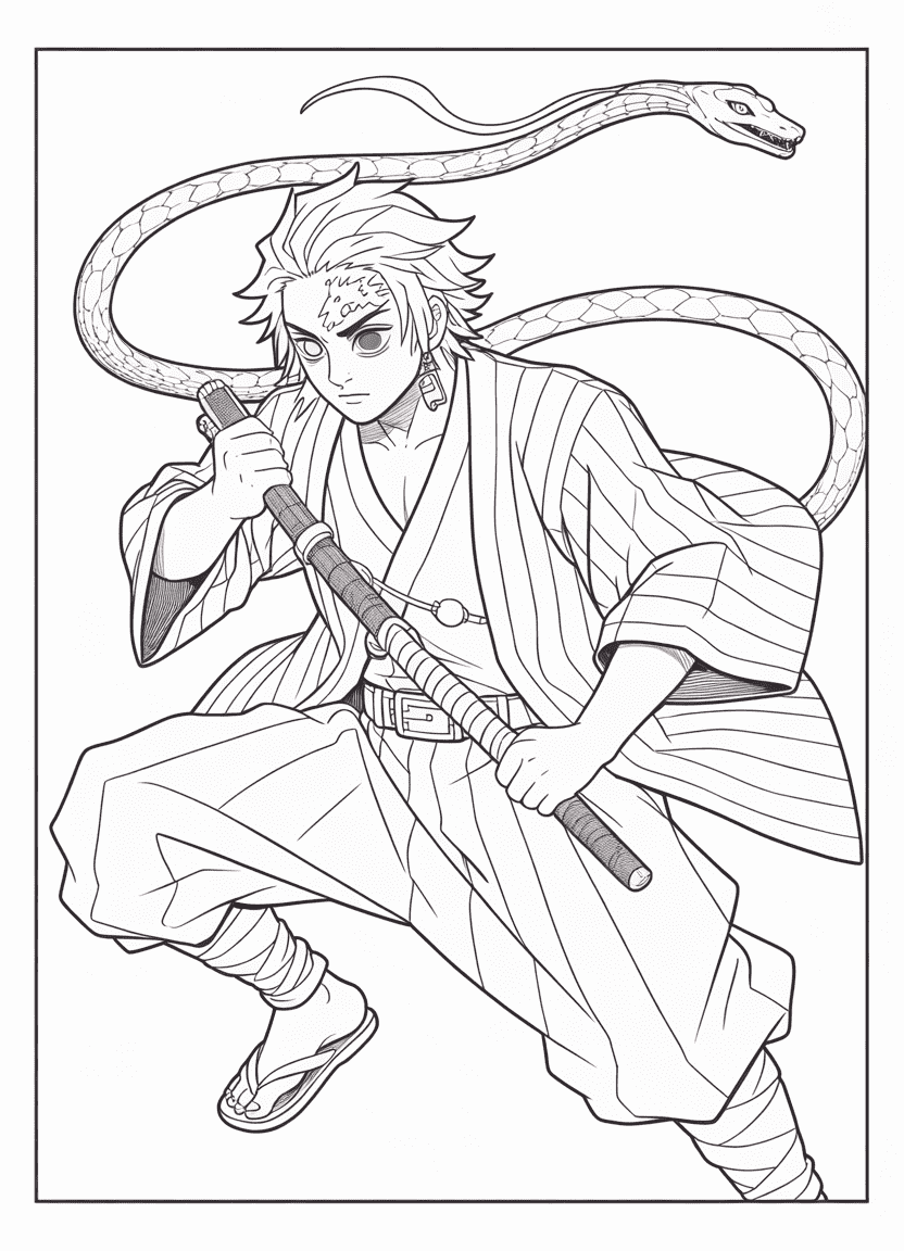 Iguro Obanai coloring page featuring the Serpent Hashira with his snake Kaburamaru