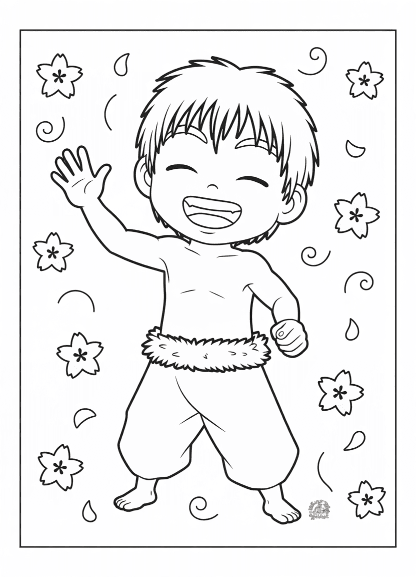 Inosuke Hashibira waving in a kid-friendly coloring page with no mask