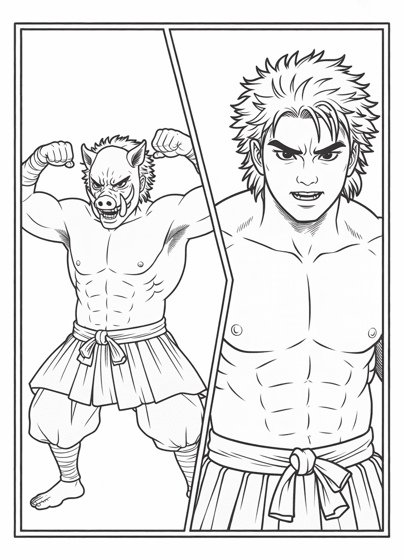 Inosuke Hashibira with and without boar mask coloring page