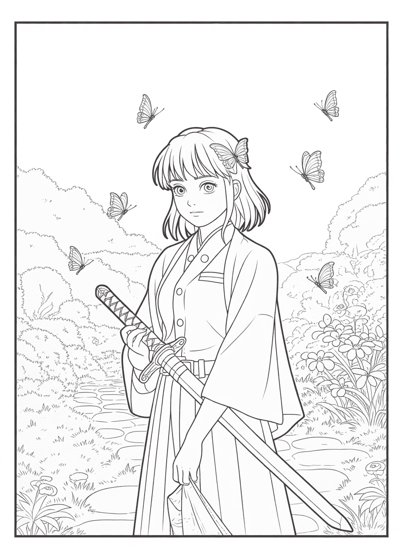 Kanao Tsuyuri coloring page with butterflies and sword