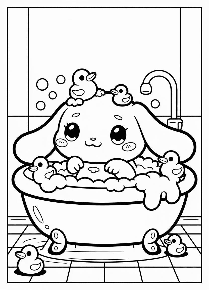 Kawaii Cinnamoroll floating in a bubble bath with duckies and foam