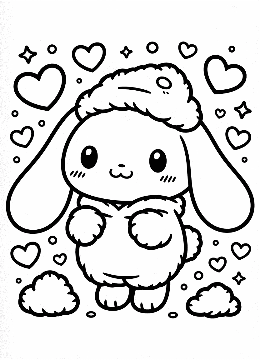 Kawaii Cinnamoroll in a bunny hoodie with hearts and blush.