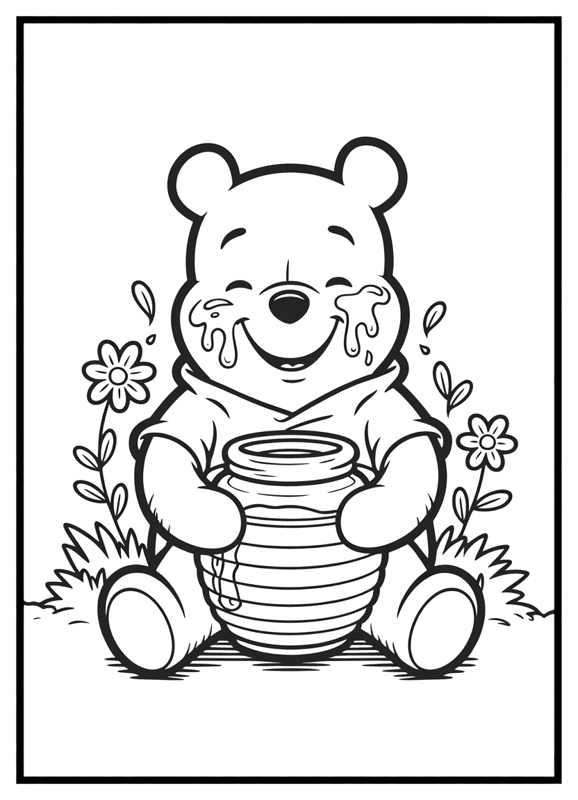 Kawaii Pooh Bear eating honey with a big smile and round cheeks