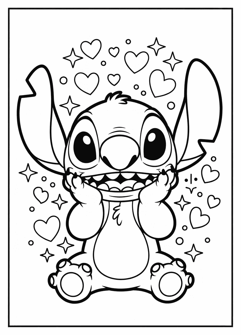 Kawaii Stitch with sparkly eyes and hearts