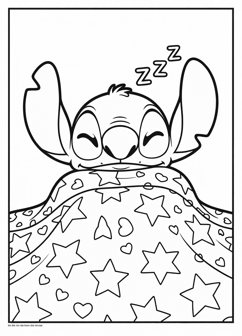 Kawaii Stitch wrapped in a star blanket, sleeping