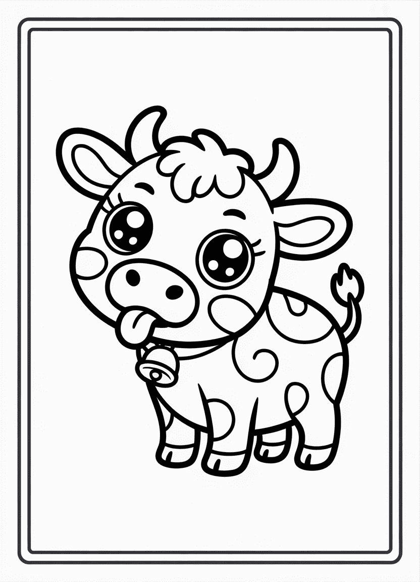 Kawaii cow with big sparkling eyes and playful pose