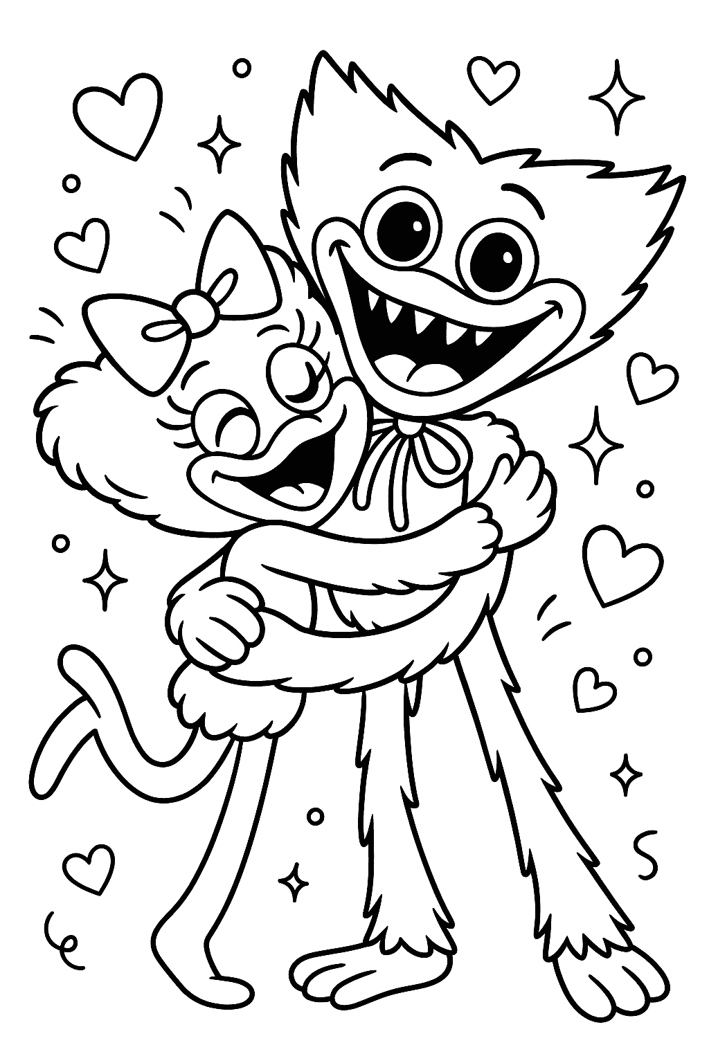Kissy Missy hugging Huggy Wuggy for coloring