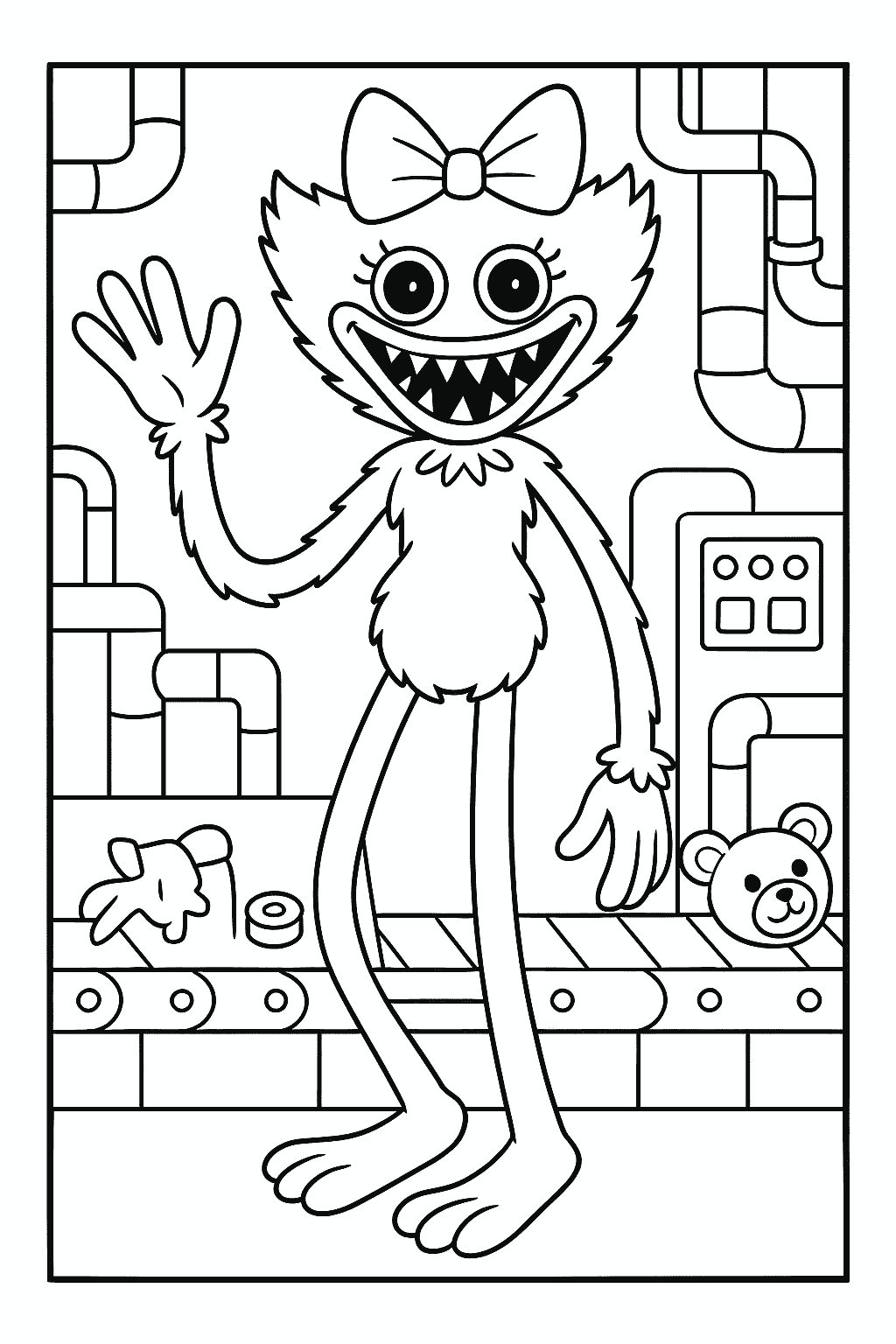 Kissy Missy in Poppy Playtime factory setting, line art