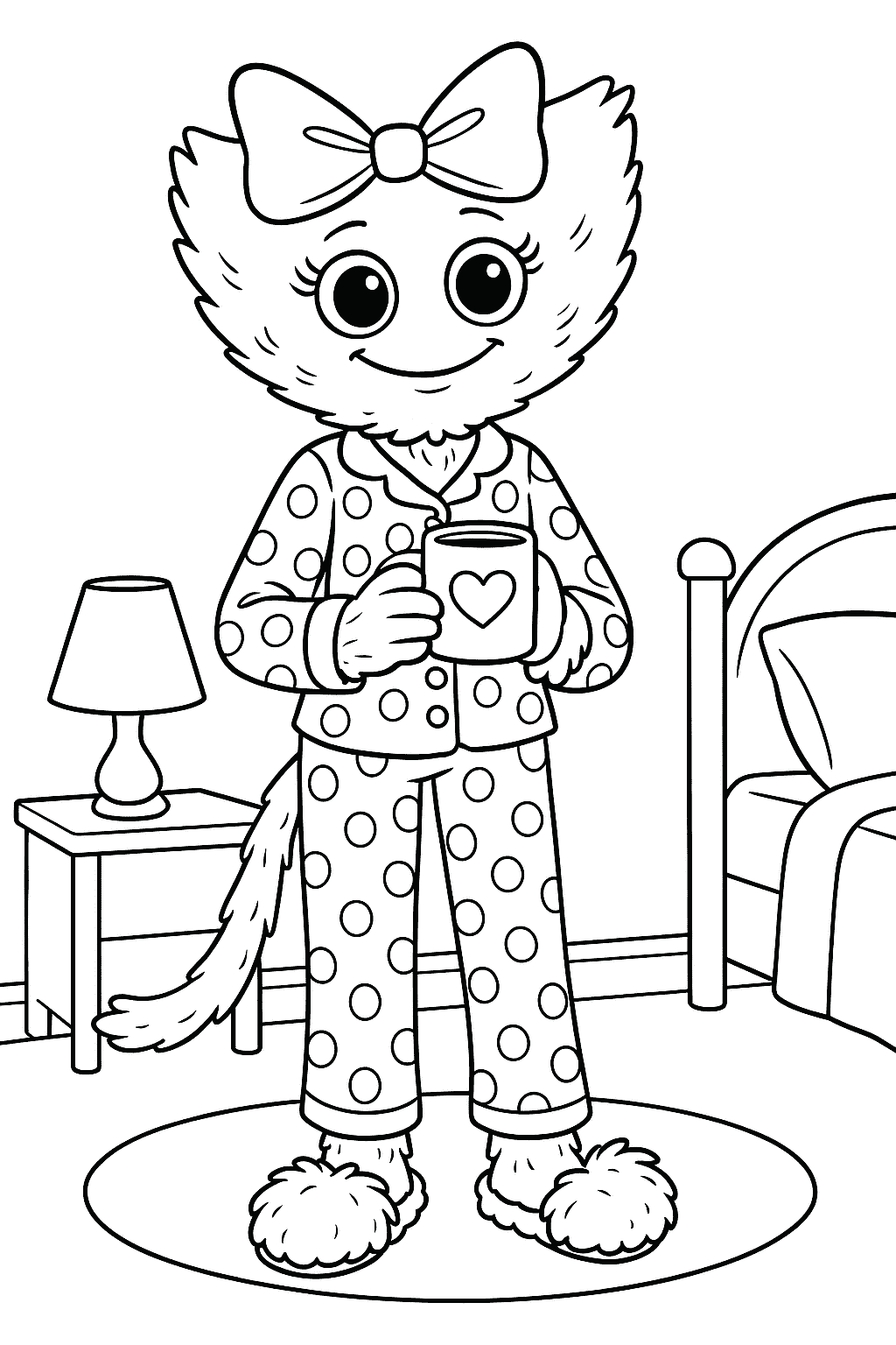 Kissy Missy in pajamas with a mug for coloring