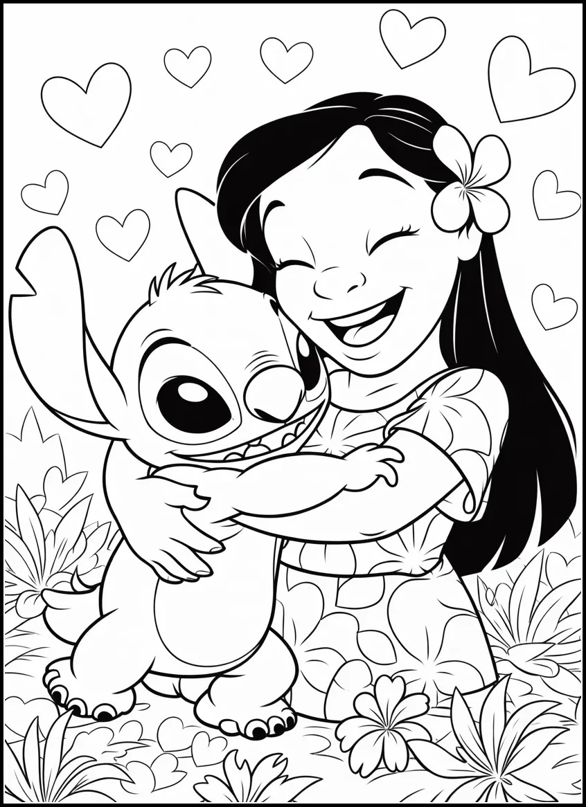 Lilo, Stitch, and Angel in a group hug