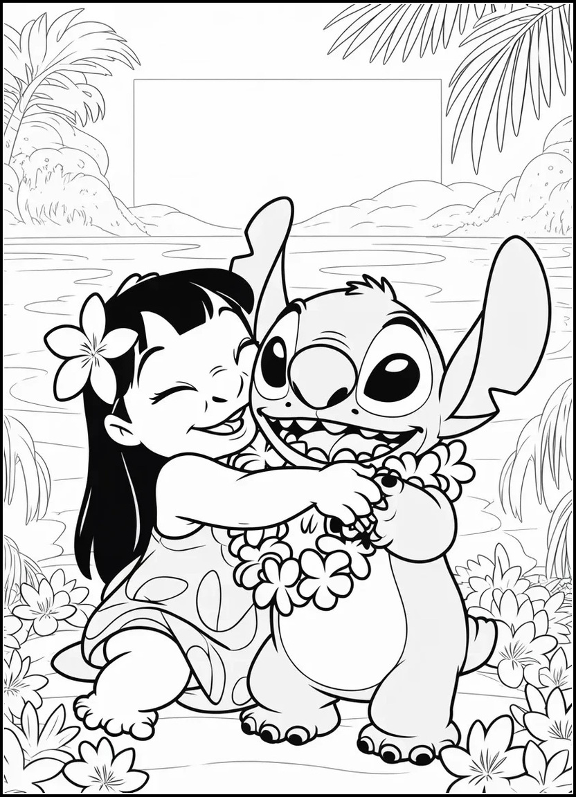 Lilo hugging Stitch with flower garlands