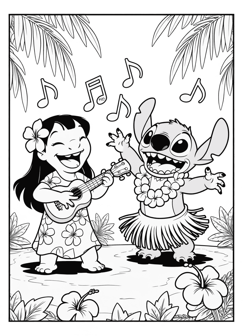 Lilo playing guitar and Stitch dancing in a grass skirt