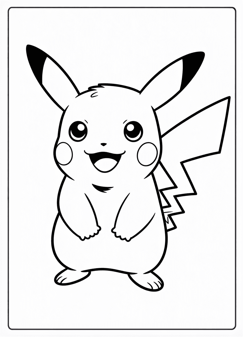 Line art of Pikachu standing with a cheerful smile, perfect for coloring.