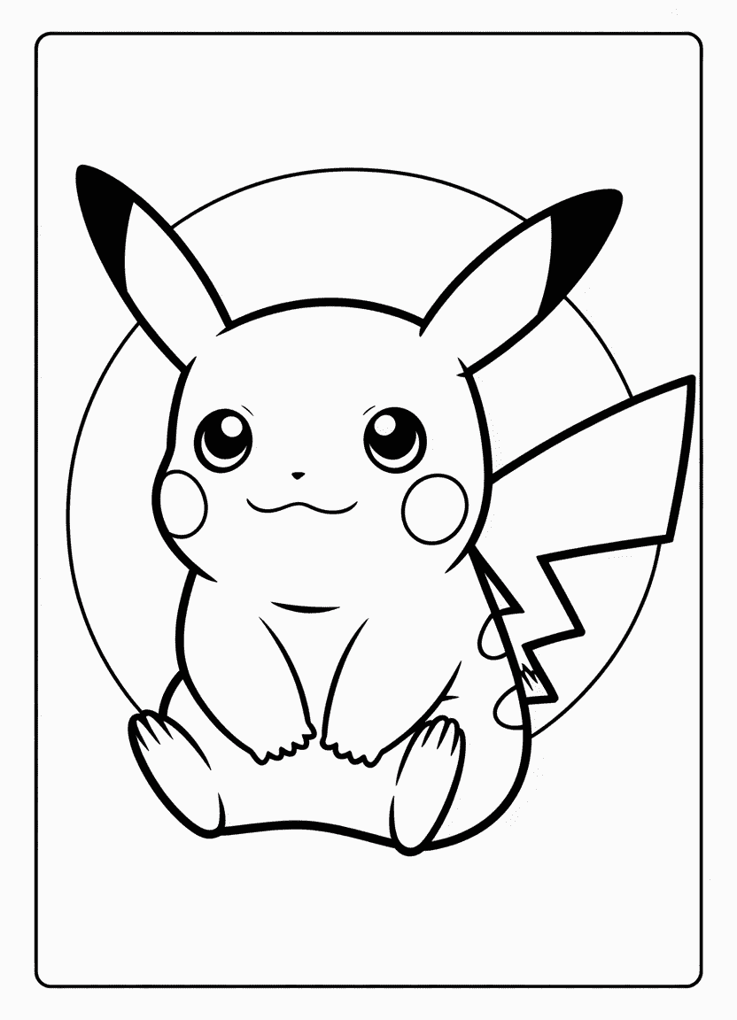 Line drawing of Pikachu sitting calmly, ideal for a coloring page.
