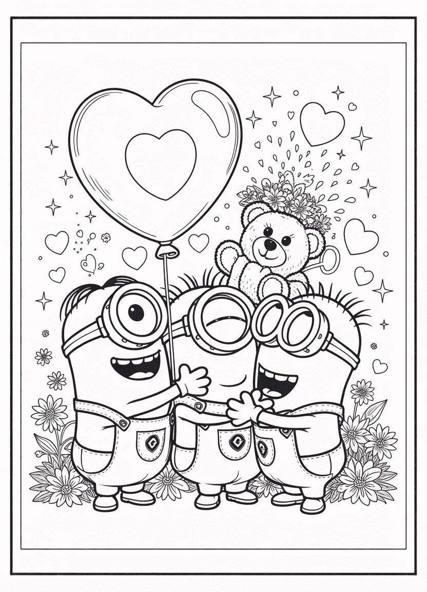 Loving Minions hugging, holding hearts, and spreading affection