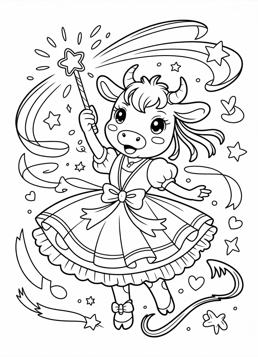 Magical girl cow in frilly outfit with wand