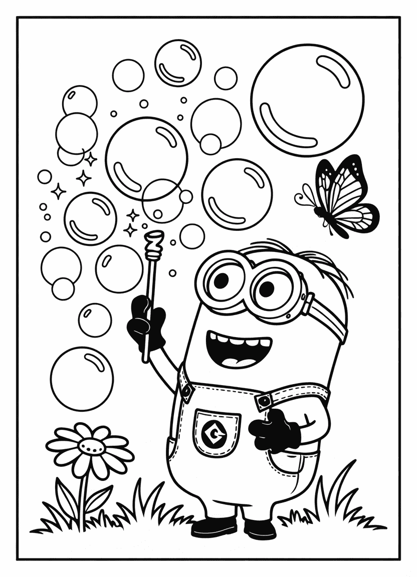 Minion blowing bubbles with bubble wand in gentle outdoor scene