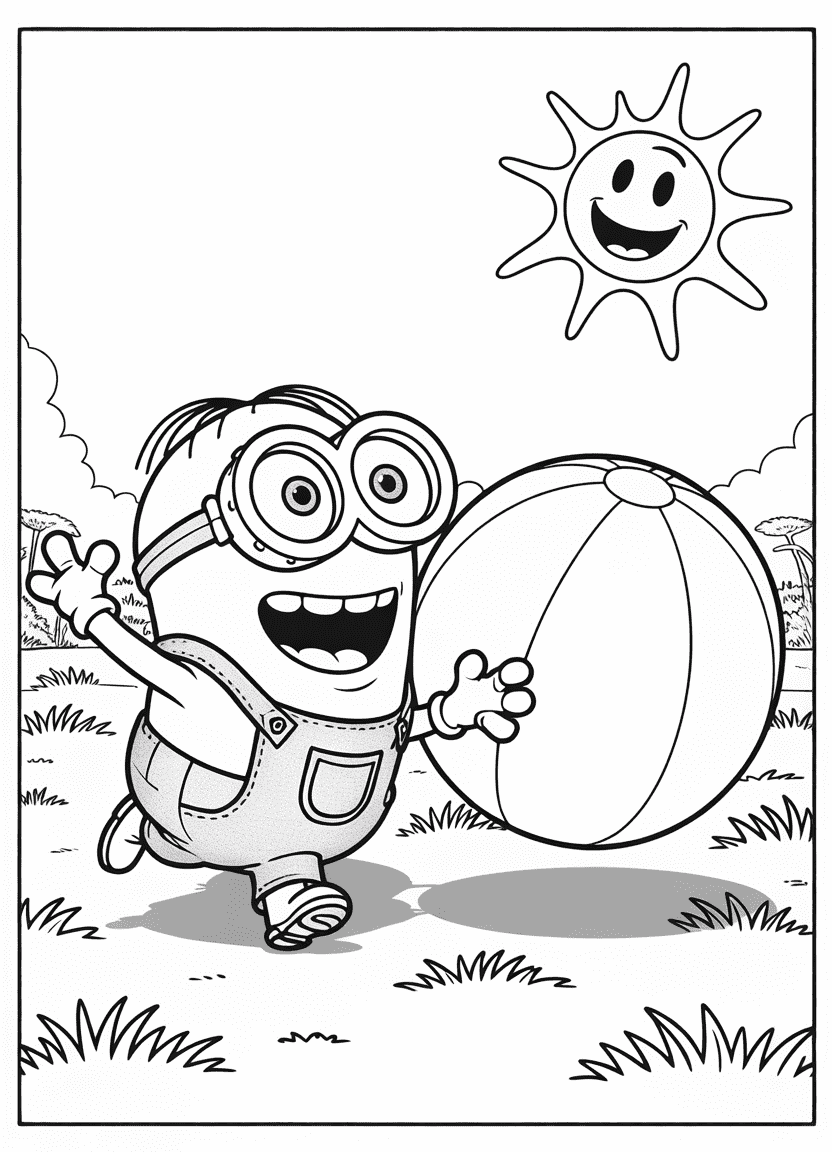 Minion chasing a big beach ball with sunny background