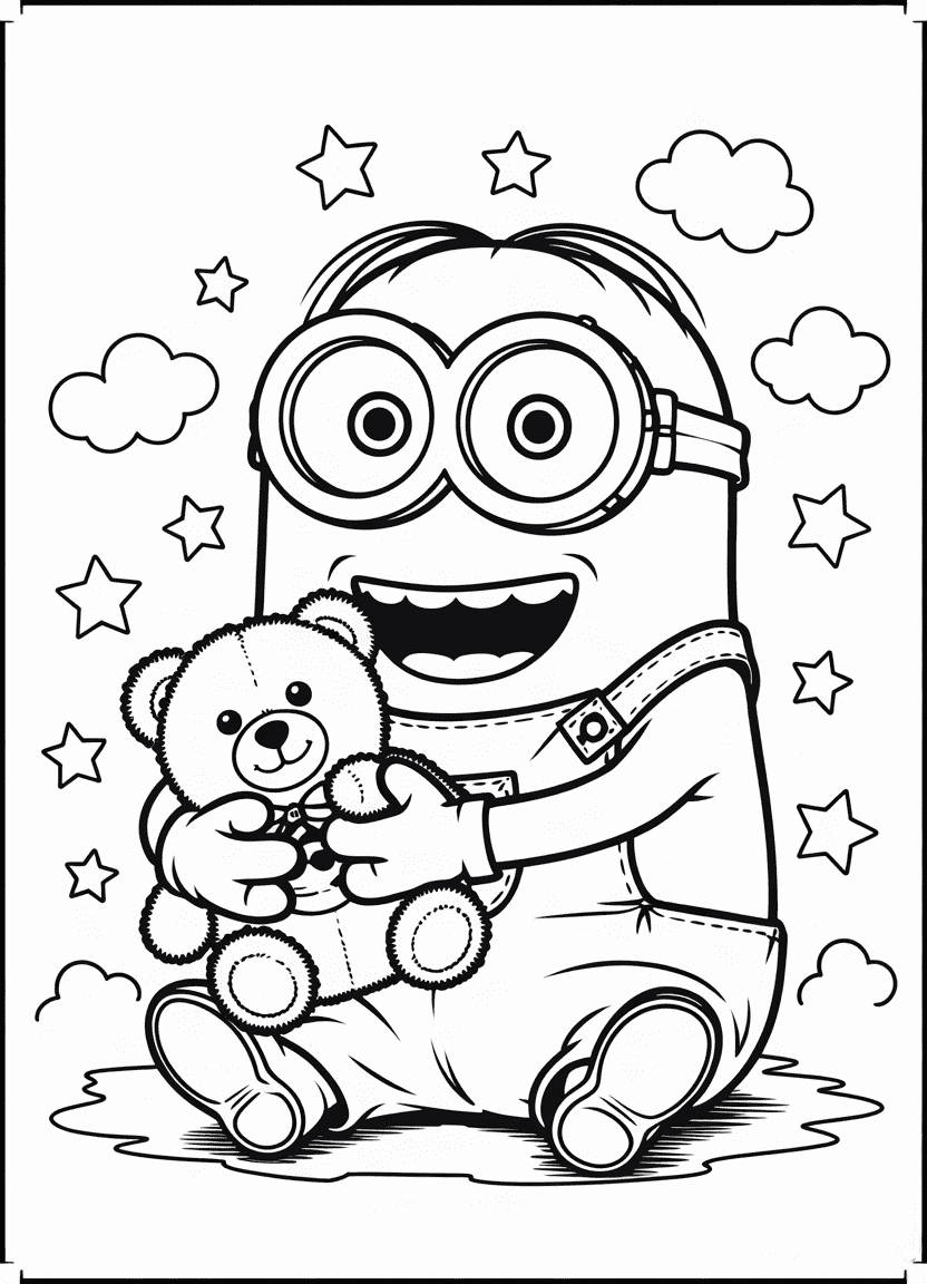 Minion hugging a teddy bear while sitting with a smile